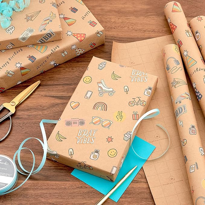 Hallmark Birthday Wrapping Paper, Recyclable Brown Kraft Gift Wrap (3 Rolls: 60 sq. ft. ttl) Kids Birthday, Retro Icons, Roller Skates, Skateboard