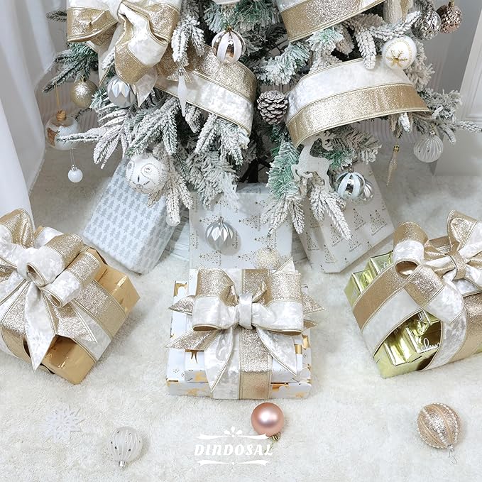Ivory Velvet Wired Christmas Ribbon 4 Inch Extra Wide Thick Ivory and Gold Glitter Holiday Ribbon – 10-Yards Roll for Tree Decorations, Gift Wrapping, Wreaths, and DIY Crafts