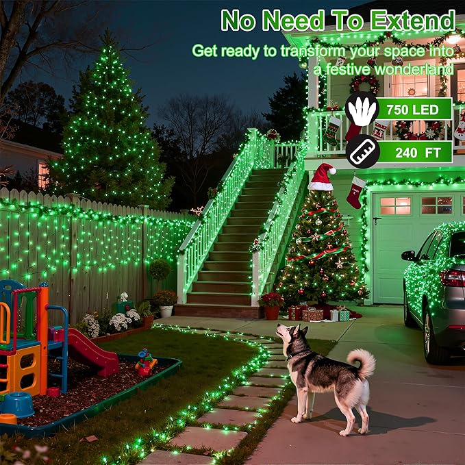 240FT 750LED Christmas Lights,12 Modes Green Outdoor String Lights with Timer & Dimmable, Waterproof Green Wire Christmas String Lights for Indoor Tree Xmas Patio Fence Balcony Garden Party Decor