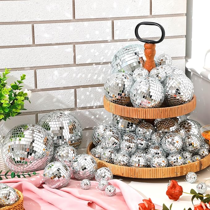 65 Pcs Disco Balls Decorations Assorted Size Disco Ball Ornament Reflective Hanging Mirror Ball Mini Large Silver Balls for Christmas Party Wedding Dance Ballroom Stage(4/2.4/2/ 1.6/1.2 in)