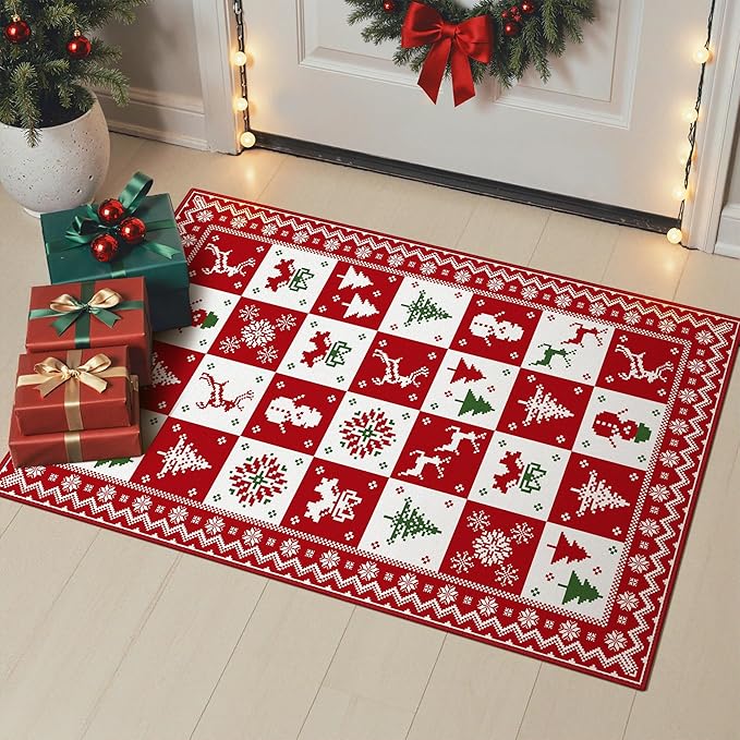 Christmas Rug 2x3 Washable Rugs for Entryway Bedroom, Christmas Home Decor, Holiday Print Carpet, Low Pile Non Slip Mat with Rubber Backing, Red White Checkerboard