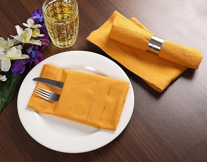 Palisa Cloth Dinner Napkins with Hemstitched Detailing & Mitered Corners Set of 4 (18x18 Inches) Mustard - Cotton Reusable Dinner Napkins - Perfect for Weddings & Everyday Use