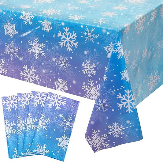 Mornajina 4 Packs 108 x 54 Inch Snowflake Tablecloth Merry Christmas Party Tablecloth Decorations Disposable Rectangle Plastic Snowflake Table Cloth (Blue)