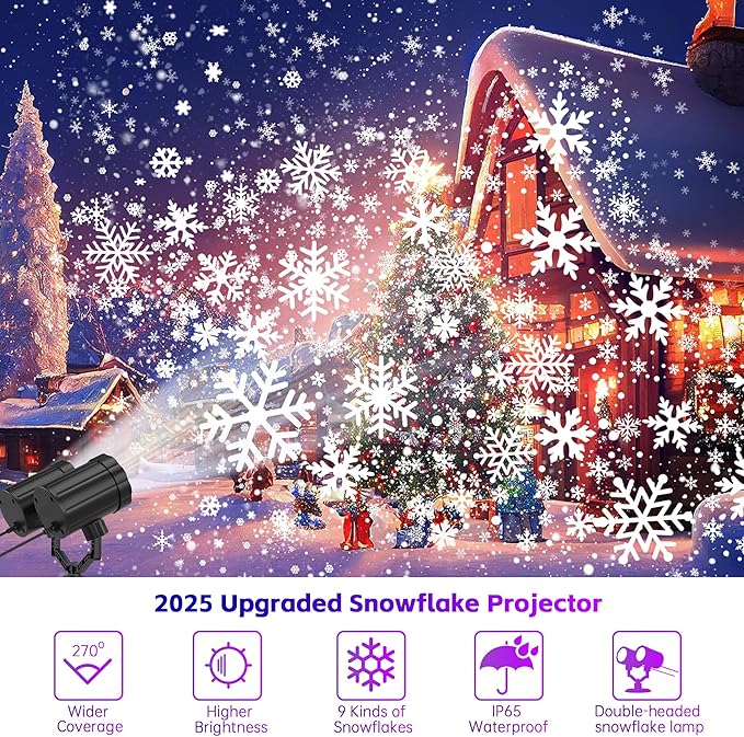 Christmas Projector Lights Outdoor, GUSODOR Dynamic Snowflake Projector IP65 Waterproof 360°Rotating LED Projection Lights for Indoor Outdoor Christmas Decoration, Holiday, Yard Decor-Dual-Head A