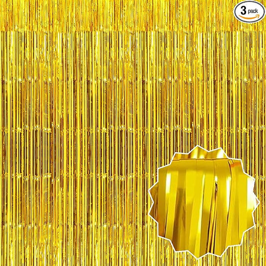 3 Pack Gold Foil Fringe Curtains Backdrop, 3.28 x 6.6 Ft Metallic Streamers Tinsel Curtains Background for Photo Booth, Birthday, Halloween, Christmas, Thanksgiving, New Year Party Decorations