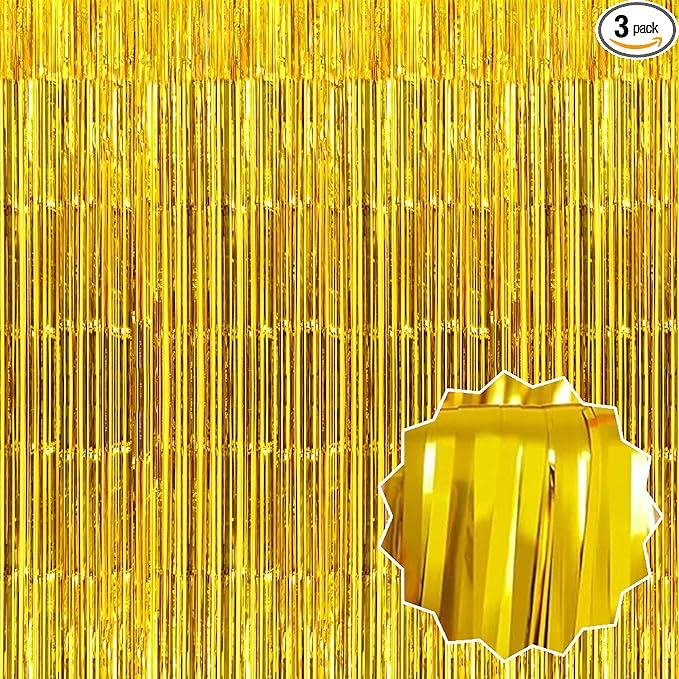 3 Pack Gold Foil Fringe Curtains Backdrop, 3.28 x 8.2 Ft Metallic Streamers Tinsel Curtains Background for Photo Booth, Birthday, Halloween, Christmas, Thanksgiving, New Year Party Decorations