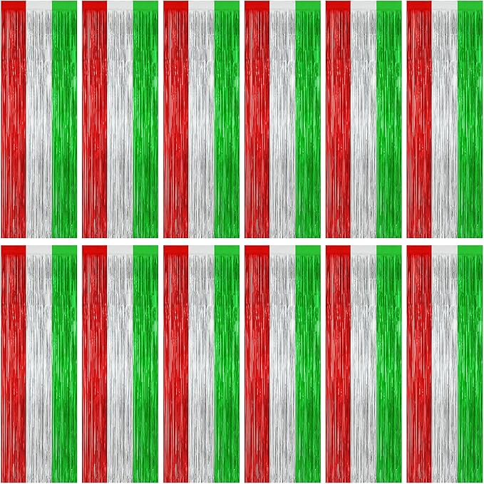 12 Pack Christmas Party Backdrop, 3.28 FT x 7.05 FT Red Silver Green Foil Streamer, Metallic Fringe Curtains Tinsel Streamer, Hanging Christmas Decorations Picture Props Door Decor