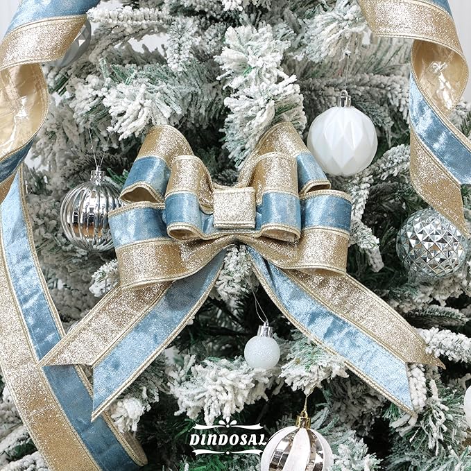 Dusty Blue Velvet Wired Christmas Ribbon 2.5 Inch Blue and Gold Glitter Holiday Ribbon – 10-Yards Roll for Tree Decorations, Gift Wrapping, Wreaths, and DIY Crafts