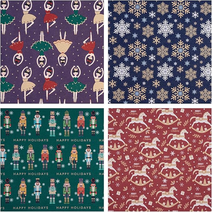 RUSPEPA Christmas Kraft Wrapping Paper Roll - Nussknacker Solider, Trojan Horse, Ballet Girl and Snowflake Design - 17 inches x 10 feet per Roll, Total of 4 Rolls