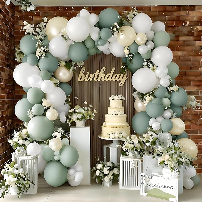 Green White Balloon Garland Double Stuffed Dusty Sage Green White Sand Pearl Balloons Pastel Neutral Balloon Arch Kit for Baby Shower Birthday Wedding Christmas Party Decorations