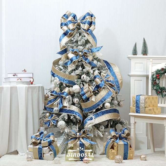 Navy Blue Velvet Wired Christmas Ribbon 4 Inch Extra Wide Thick Blue and Gold Glitter Holiday Ribbon – 10-Yards Roll for Tree Decorations, Gift Wrapping, Wreaths, and DIY Crafts