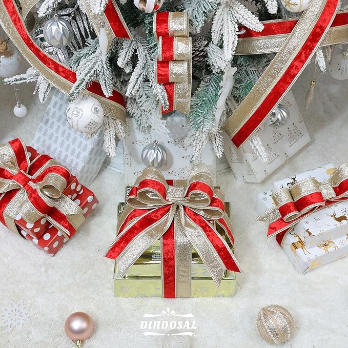 Red Velvet Wired Christmas Ribbon 2.5 Inch Red and Gold Glitter Holiday Ribbon – 10-Yards Roll for Tree Decorations, Gift Wrapping, Wreaths, and DIY Crafts