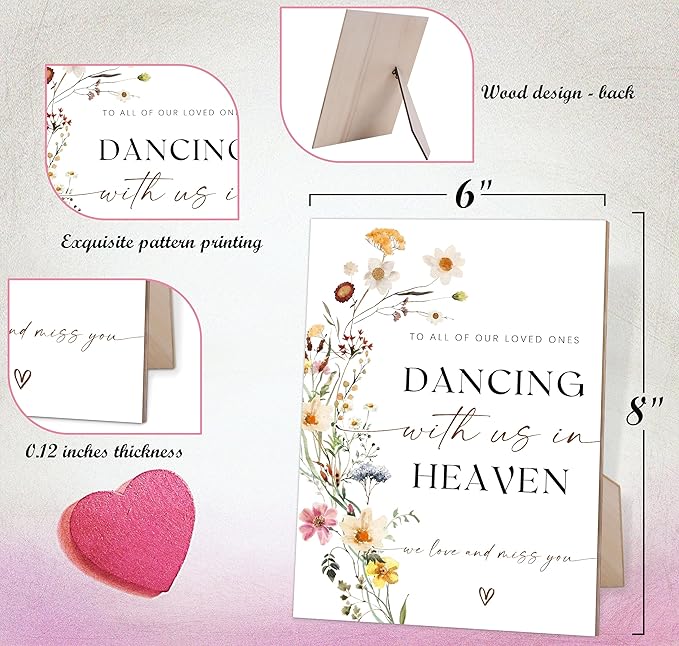 Dancing With Us In Heaven Sign, Flower Wedding Memorial Sign, Wedding Decorations for Reception, Bridal Shower Party Decor, Table Centerpieces for Party, 6X8 Inch Wooden Signs with Stand, 23