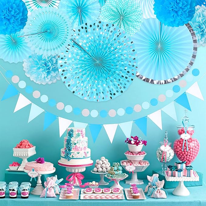 Moon Boat 35PCS Party Decorations Paper Fan Hanging Set - Birthday,Baby Shower,Wedding Decor (Blue)