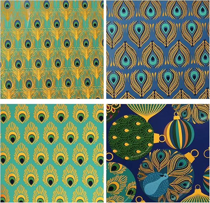 WRAPAHOLIC 30 Inch Peacock Christmas Wrapping Paper Roll - Jumbo Roll Green Peacock Elements Patterns with Metallic Foil Shine - 4 Rolls - 30 Inch x 120 Inch Per Roll