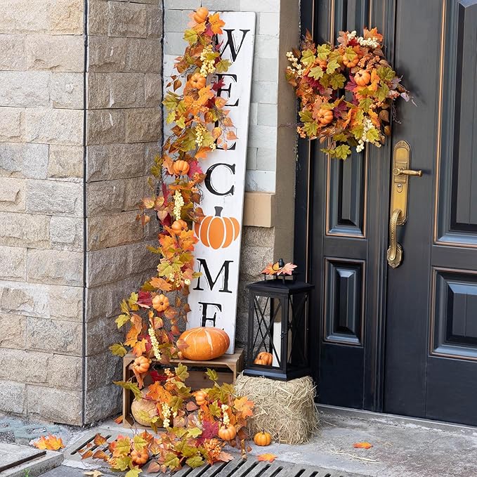 MIZII Fall Decor Artificial Maples Leaf Pumpkin Garland 10FT Autumn Maple Vines Garland Thanksgiving Halloween Harvest Decorations for Home Porch Mantle Fireplace Farmhouse Outdoor Indoor (10FT,Maple)