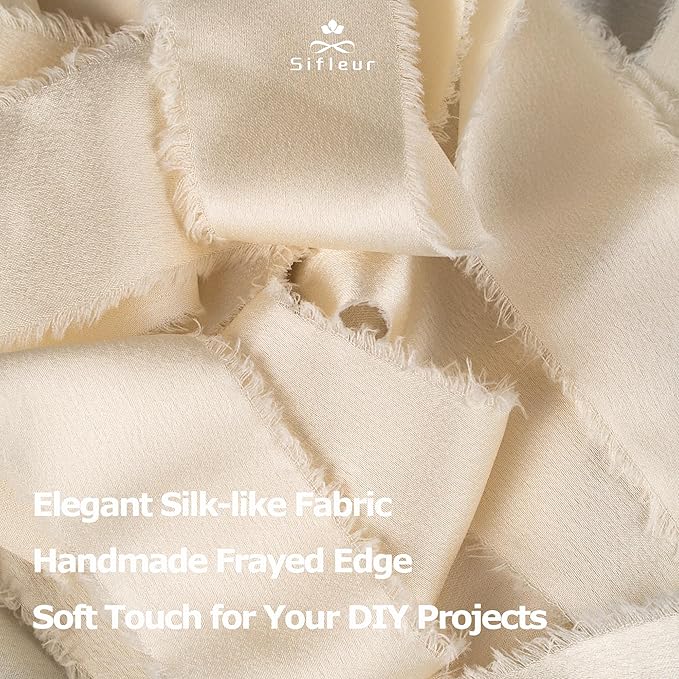 Satin Silk Ribbon, Ivory White Ribbon for Wrapping, 1-1/2 inch x 15 Yd Handmade Frayed Fringe Ribbon, for Wedding Engagement Birthday Showers Craft Flower Bouquet Invitation Decor, 3 Rolls