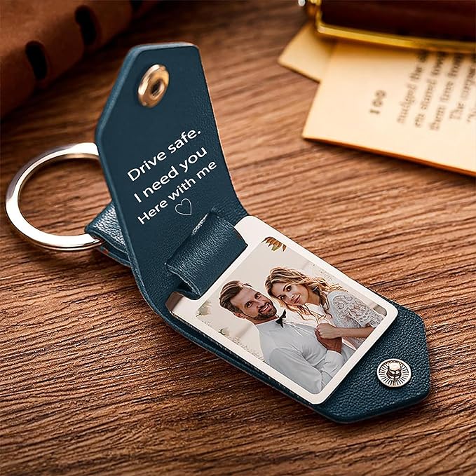 Personalized Photo/Text Leather Keychain for Men Womens Custom Picture Key Chains Memorial Gifts for Family Lover