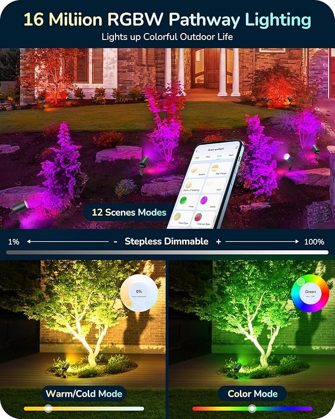 EDISHINE 50FT Christmas Smart Low Voltage Landscape Spotlights, 300LM RGBW Color Changing Landscpae Lighting, APP Control Alexa & Google Home, IP67 Waterproof Outdoor Spot Lights for Yard Garden