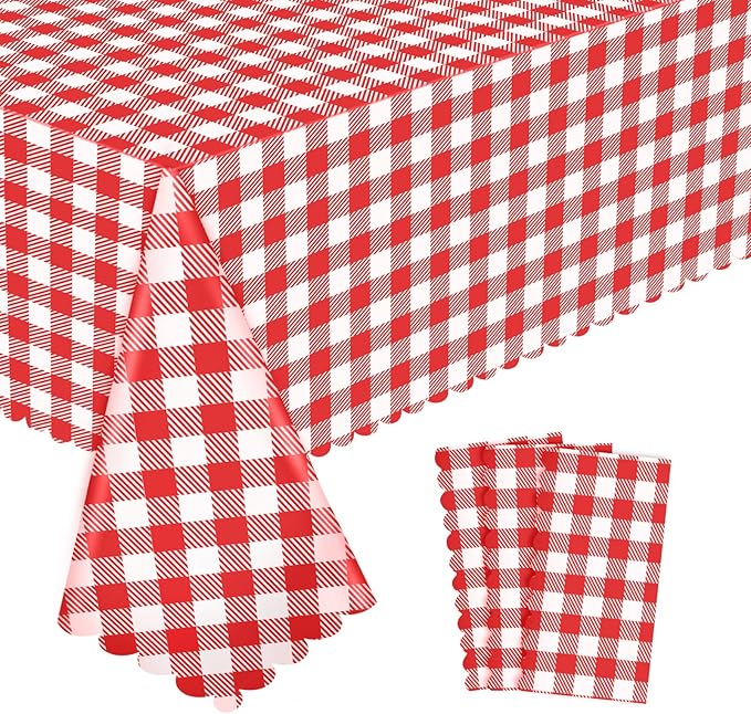 3 Pack Red and White Checkered Tablecloth, 54 X 108Inch Plastic Red Gingham Table Cloth Disposable Spring Picnic Tablecloths Waterproof Red Checkered Table Cover for BBQ Picnic Barbecue Birthday Party