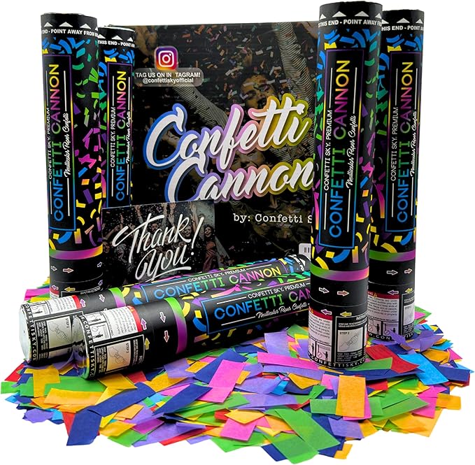 Confetti Sky [6 Pack] 12 Inch Confetti Cannons | Multicolor Confetti Poppers for Wedding Celebration, Birthday Party, Pranks, Graduation, Christmas Eve and New Year Celebration