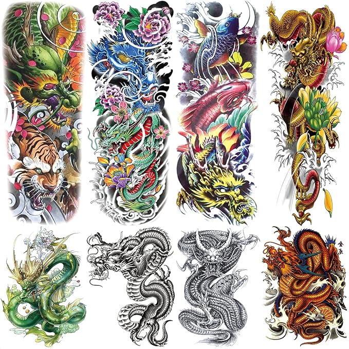 Realistic Dragon Temporary Tattoo Sleeve, 4-Sheet Full Arm Color Dragon Floral Fake Tattoo Sleeve Women Men Adult and 4-Sheet Large Flower Tiger Half Temp Tatoo Sticker Thigh Leg Makeup Body Art
