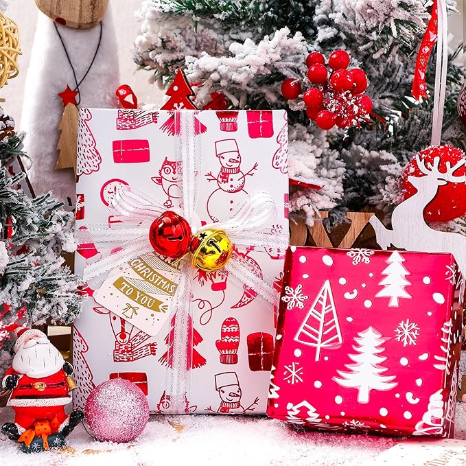 MAYPLUSS Wrapping Paper Roll - Mini Roll - 17 inch X 120 inch Per roll - 3 Different Red and White Christmas Design with Glitter Metallic Foil Shine (42.3 sq.ft.ttl)