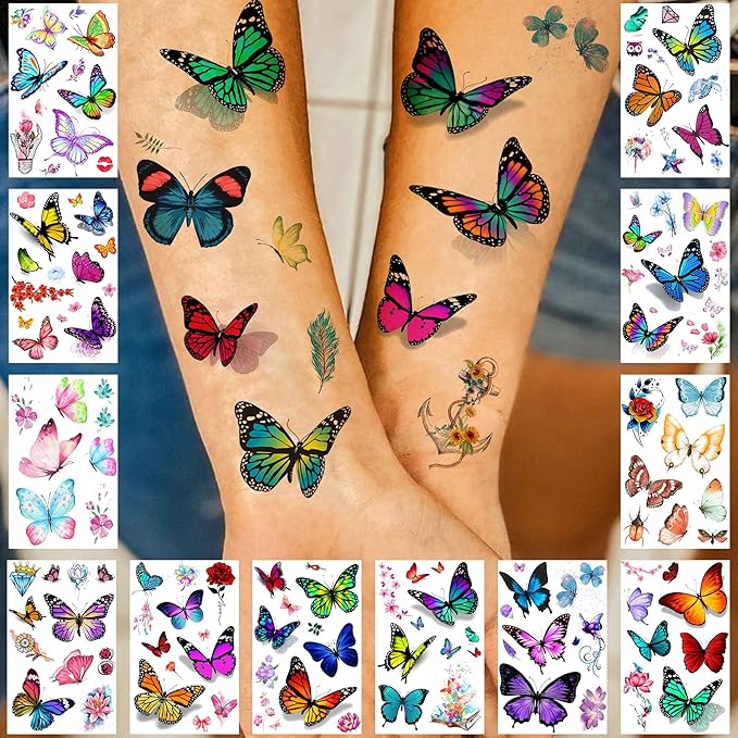 24 Sheets 155+ PCS 3D Colorful Butterfly Temporary Tattoos For Women Arm Boobs, Watercolor Butterfly Tattoos Stickers, Long Lasting Small Fake Tattoos For Kids Girls Adult Neck Cholo Lavender