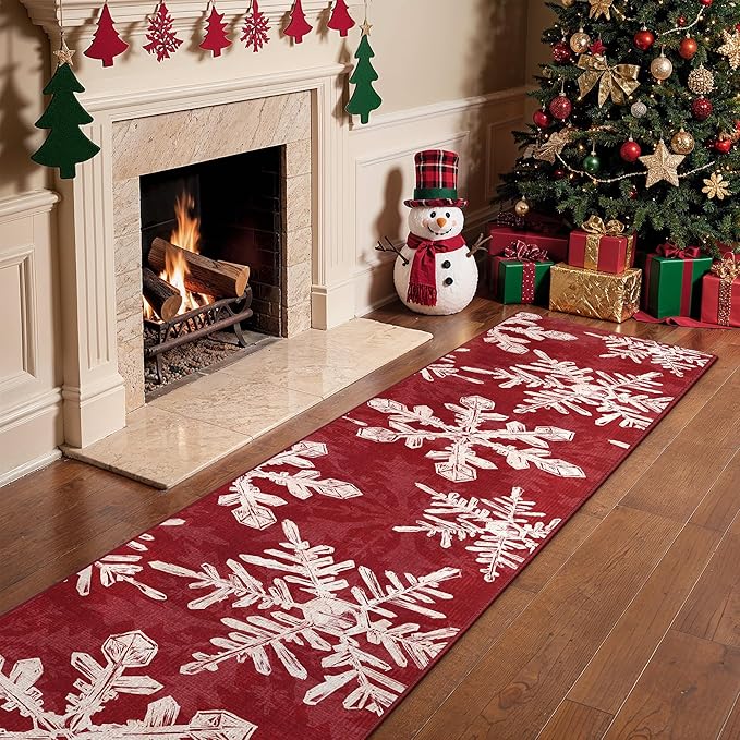 Christmas Runner Rug 2x10 Washable Rug for Hallway Kitchen Bedroom, Christmas Home Decor, Holiday Print Carpet, Low Pile Mat with Non Slip Backing, Snowflake
