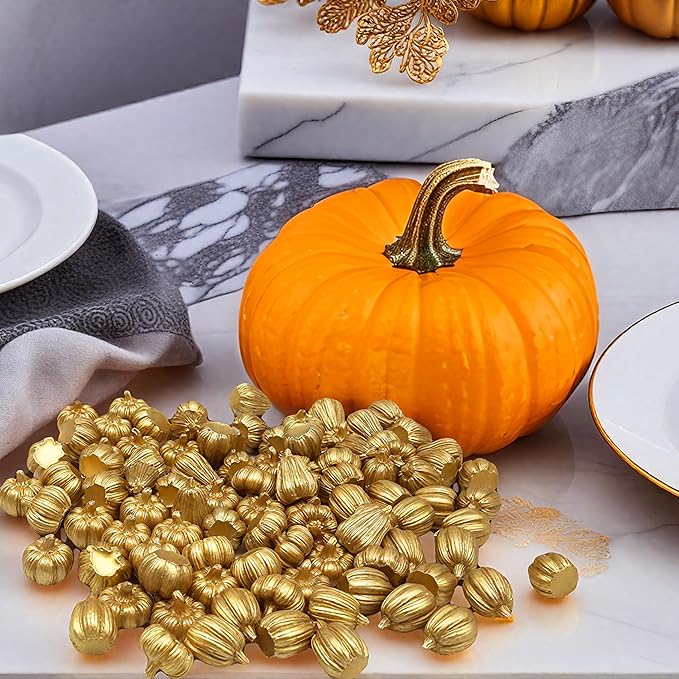 100Pcs Mini Pumpkins for Crafts, Small Pumpkin in Bulk, Gold Decorative Pumpkins, Artificial Tiny Resin Miniature Pumpkin for Decorating, Home Decor, Fall, Thanksgiving, Halloween