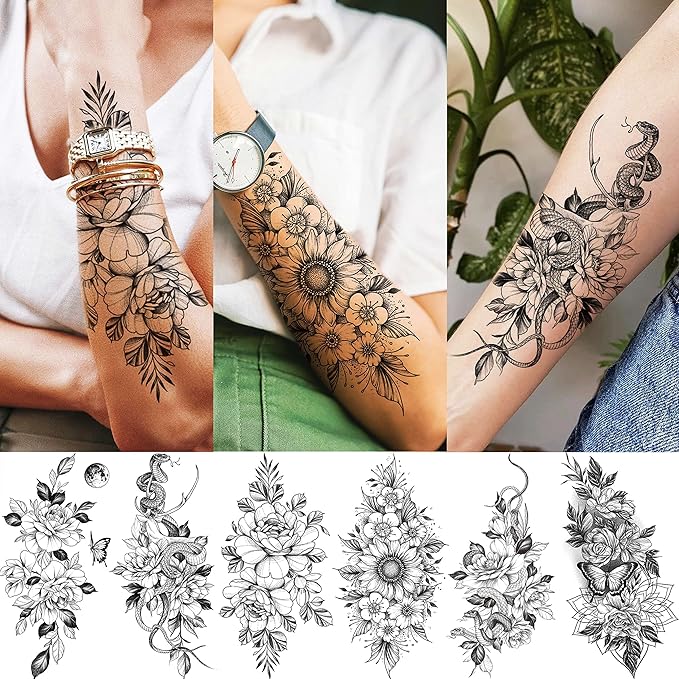 61 Sheets 3D Snake Flower Temporary Tattoos For Women Girls Neck Arm, 12 Sheets Realistic Floral Fake Tattoo Stickers Thigh, Waterproof Temp Transfer Tatoo Adults Rose Sunflower Butterfly