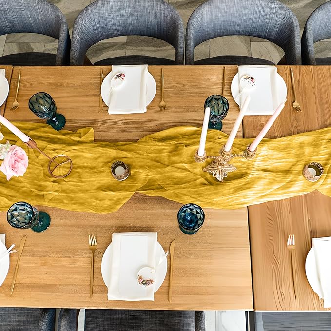 Cheesecloth Table Runner 6 Pack – 35x120 Inch (10ft) Boho Rustic Gauze Cloth Runners – Crinkle Polyester Table Decor for Wedding, Baby Shower, Bridal Shower, Birthday Party and More (Gold Yellow)