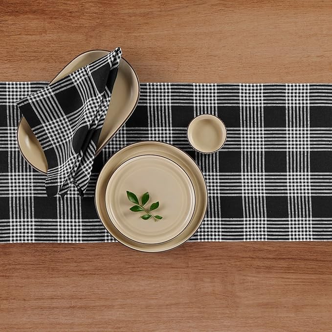 Solino Home Fall Table Runner 90 Inches Long - 100% Pure Linen Glen Check Black and White Table Runner 14 x 90 Inch for Dining, Autumn, Thanksgiving