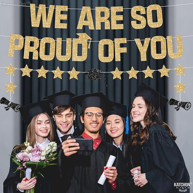 KatchOn, Glitter Gold We are So Proud of You Banner - 10 Feet, No DIY | Pre Strung Black and Gold Graduation Banner for Graduation Decorations 2025 | Class of 2025 Decorations