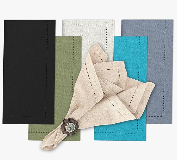 Ruvanti Premium Linen Napkins Set of 12-20x20 Inch, Classic Hemstitch, Mitered Corner Cloth Napkins - Soft, Elegant Dinner Napkins Cloth Washable for Weddings, Parties, Everyday Use - Multi Color