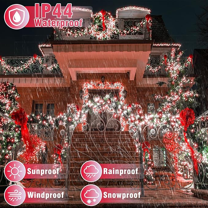 66FT 200 LED Christmas Lights Outdoor, Plug in Christmas String Lights Indoor, Waterproof & 8 Modes & Timer Function, Connectable Fairy Twinkle Light for Tree Garden Xmas Decor, Red White