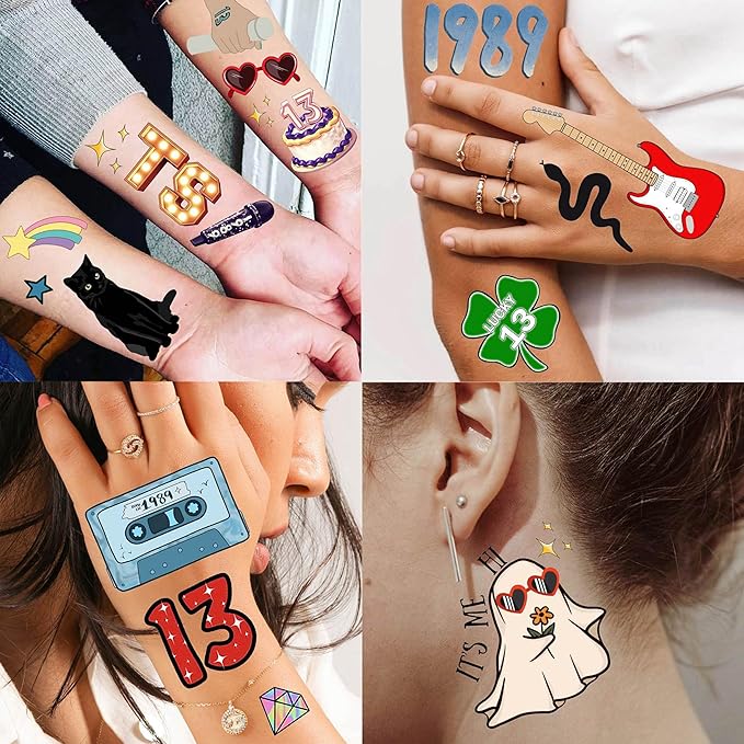 58+ PCS Concert Tour Temporary Tattoos For Fan Women Girls Adults, 3D Disco Fake Hand 13 Face Tattoo Stickers Men, Cartoon Cat Guitar Party Favor Supplies Festival Rave Accessories Decorations
