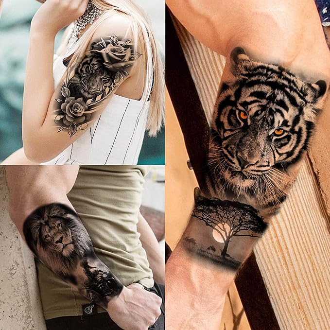 67 Sheets 3D Black Tribal Realistic Lion Temporary Tattoos for Men Women Adults, Bulk Tiger Wolf Warrior Gladiator Temp Skull Skeleton Halloween Fake Half Arm Sleeve Tattoos Stickers Legs Kit Sets