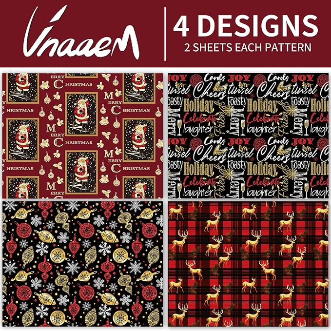 Vnaaem Vintage Christmas Wrapping Paper Red Black Gift Wrap Christmas Text Bufflao Plaid and Reindeer Design for Holiday Party Celebration - 20 X 28Inches Per Sheet(8 Pack)