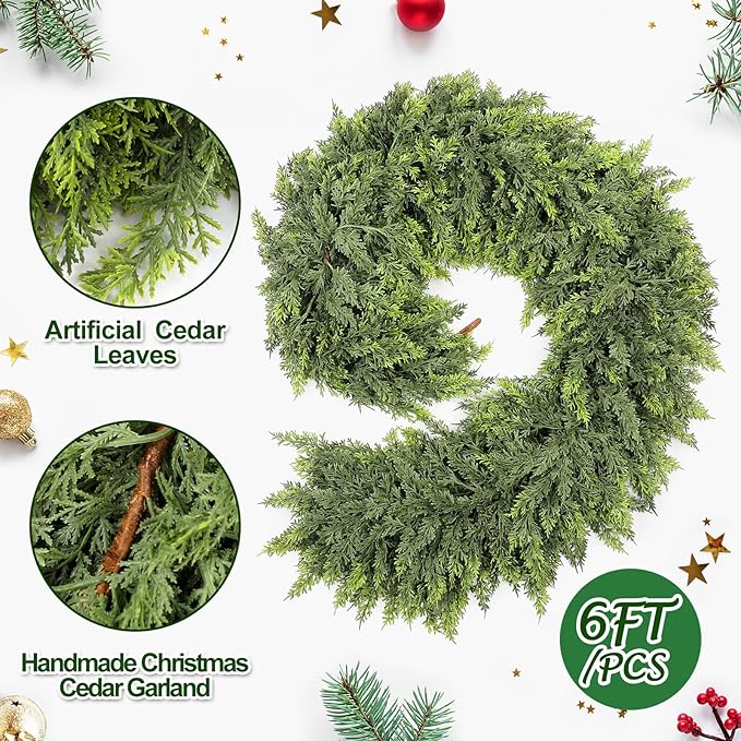 Waydress 2 Pcs 6ft Christmas Cedar Garland Artificial Realistic Soft and Thickness Green Faux Fake Full Cedar Pine Garland for Fireplace Mantel Table Doorframe Indoor Outdoor Xmas Holiday Decoration