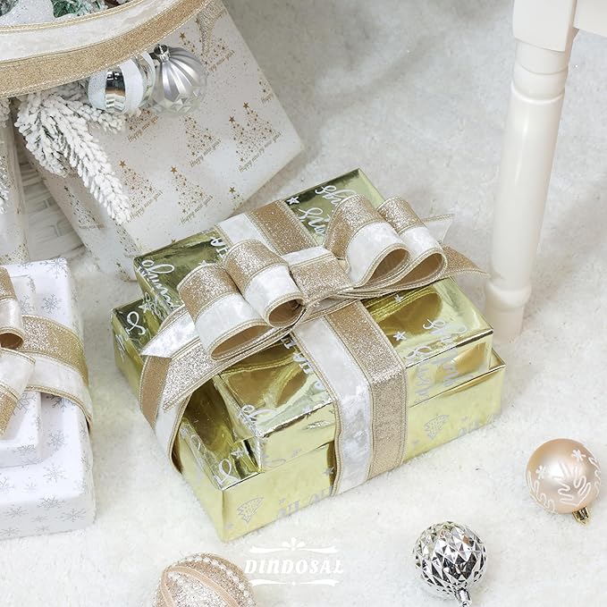 Ivory Velvet Wired Christmas Ribbon 2.5 Inch Ivory and Gold Glitter Holiday Ribbon – 10-Yards Roll for Tree Decorations, Gift Wrapping, Wreaths, and DIY Crafts