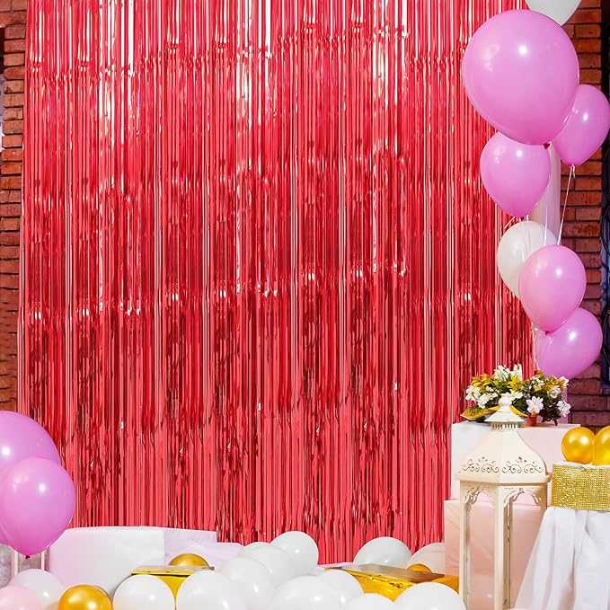 Crosize 3 Pack 3.3 x 9.9 ft Red Foil Fringe Curtains Party Decorations, Red Tinsel Curtain Backdrop for Parties, Door Streamers, Glitter Streamer Backdrop for Birthday Decoration, Preppy, Baby Shower