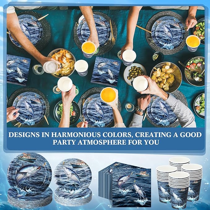 250 Pcs Gone Fishing Party Decoration Fishing Paper Plates Napkins and Cups Party Disposable Tableware Set for Fish Themed Tournament Fisherman Ofishally One Birthday Decorations, Serves 50
