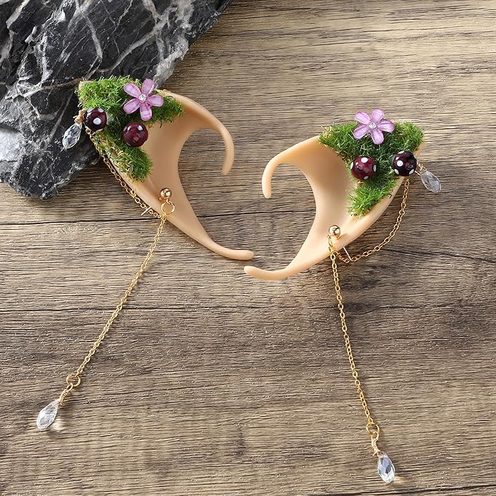 FRESHME Forest Mushroom Elf Ears, Soft Fairy Ears with Mushroom Moss and Flower Elven Ear Cuffs Halloween Renaissance Cosplay