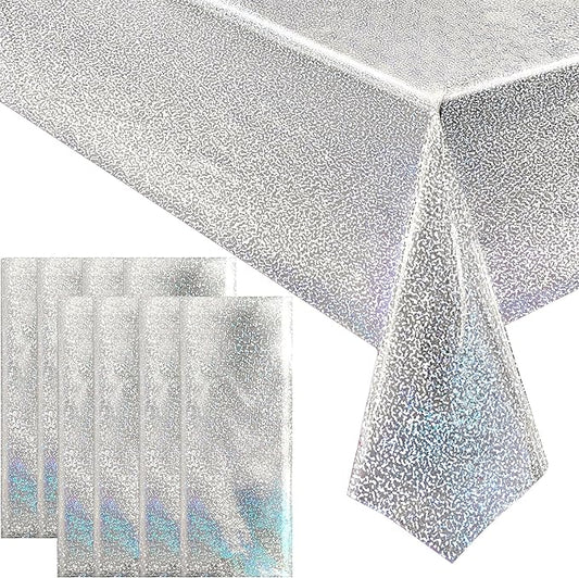 8 pcs Silver Holographic Tablecloths Shiny Disco Laser Table Cloths 40" x 108" Iridescence Plastic White Table Cover for Birthday Party Decoration Wedding Christmas Winter Grad Party Supplies