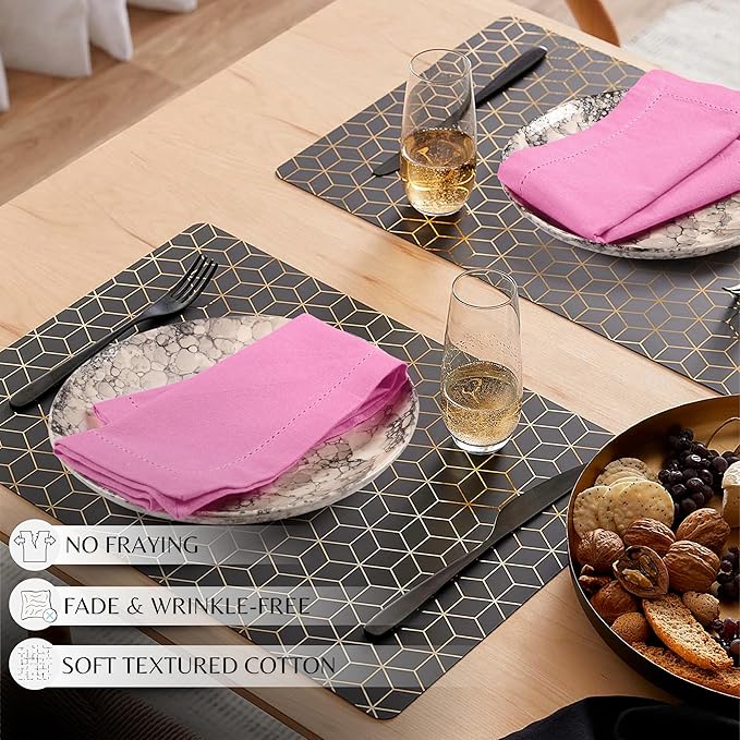 Palisa Pink Dinner Napkins with Hemstitched Detailing Set of 12 18x18 Inch – Cotton Cloth Soft Reusable Napkins for Summer, Restaurant, Table Linen for Weddings & Everyday Use – Pink Color