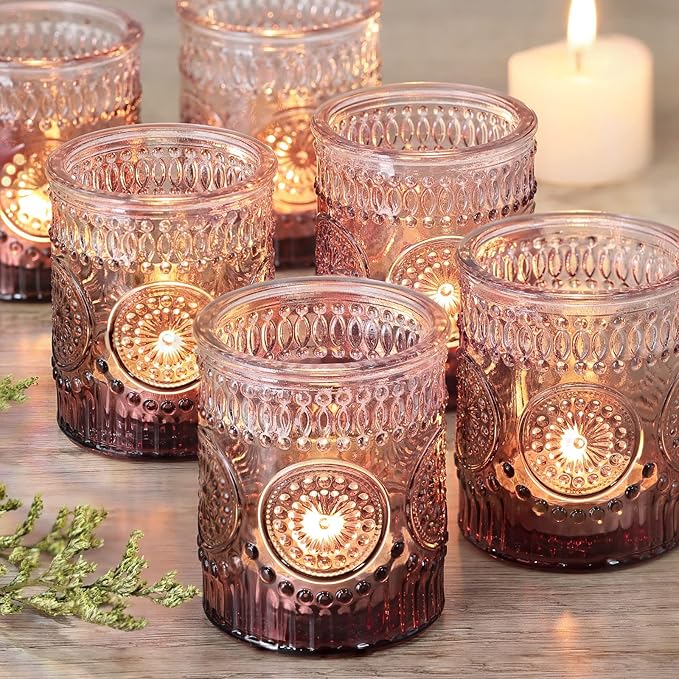 12pcs Purple Votive Candle Holder, Glass Tea Lights Candle Holders for Wedding Table Centerpieces, Birthday Parties and Home Decor