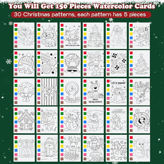 Rotu Christmas Party Favors for Kids - Stocking Stuffers for Kids - Christmas Gifts for Kid, Watercolor Coloring Books with Xmas Cards, Xmas Crafts Classroom Prizes Paint Set, 30 Pack(240 PCS)