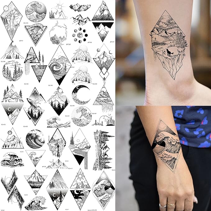 52 Sheets Small Black Mountain Temporary Tattoos For Men Women Adult, Geometric Sea Weave Forest Pine Tree Realistic Tattoo Sticker For Kids Children, Moon Sun Star Triangle Tatoos Outer Space