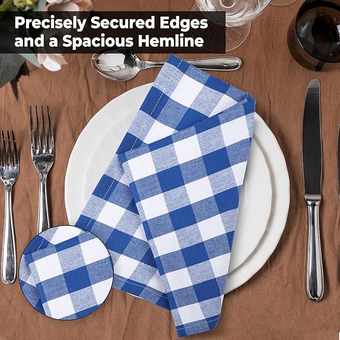 Urban Villa Cloth Napkins 100% Cotton Dinner Napkins Highly Absorbent 20x20 Inches (Set of 12) Blue White Buffalo Checks Reusable Washable Soft Durable Premium Napkins Ideal for Home Wedding Parties